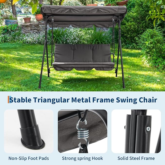 3 Person Porch Swing Chair,Outdoor Patio Swing Chair with Adjustable Canopy and Armrests,Breathable Fabric Seat & Backrest,Outdoor Swing for Backyard, Garden, 600 Lbs Max Load