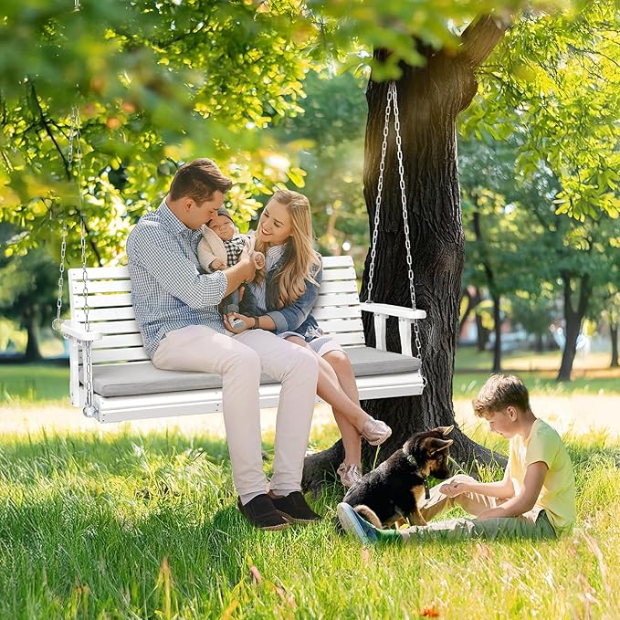 VINGLI Wooden Porch Swing, Heavy Duty 880 LBS Hanging Patio Bench with Extra Cushion for Lawn| Garden| Courtyard (White, 5 feet)