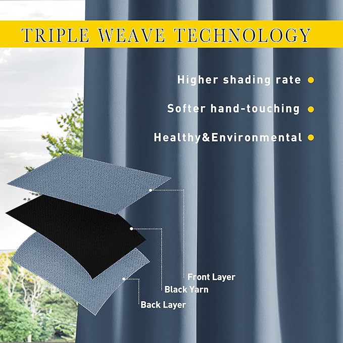 NICETOWN 2 Panels Outdoor Curtains for Patio Waterproof & Windproof, Thermal Insulated Top & Bottom Grommet & Back Tab Sun Blocking Outdoor Drapes with Fixed Rope for Gazebo, Stone Blue, W66 x L90