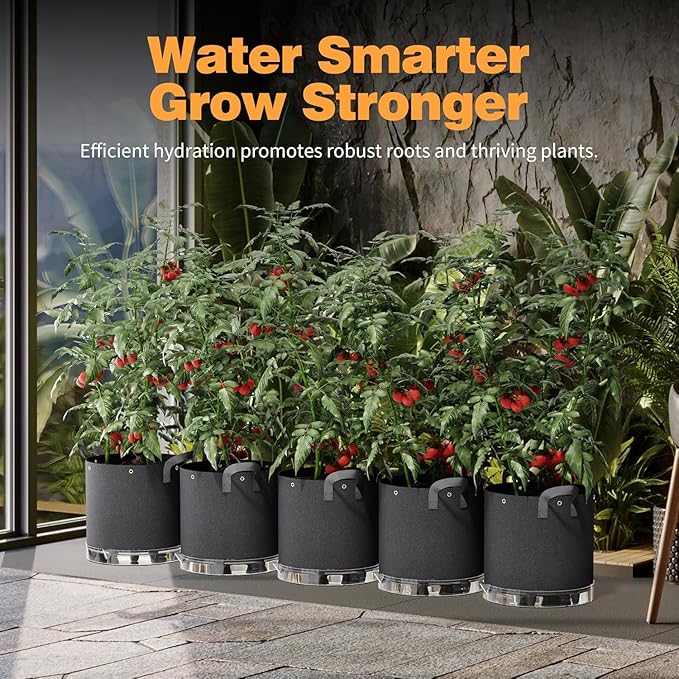 Self-Watering Grow Bags, 5-Pack 10 Gallon 420G Thick Nonwoven Fabric Pots with Reinforced Handles and Multi-Purpose Rings, for Low Stress Plant Training Fruits, Vegetables,and Flowers