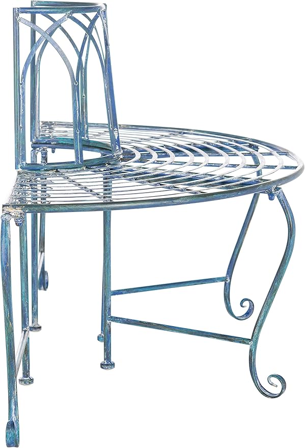 SAFAVIEH Outdoor Furniture Collection – Abia Antique Blue Distressed Wrought Iron 50-Inch Curved Tree Bench, Garden & Patio Seating (PAT5018C)