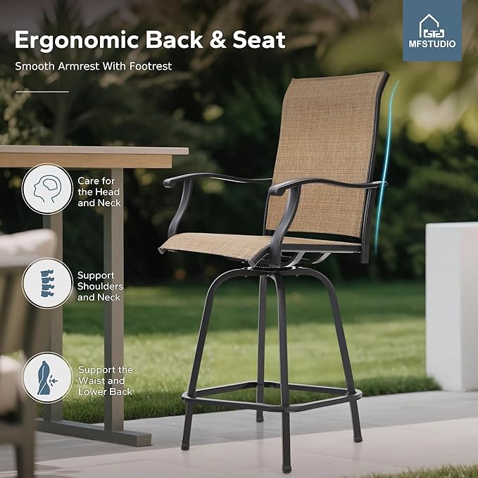MFSTUDIO 5 Piece Outdoor Swivel Bar Set, Outdoor Bar Table and Chairs Set, Patio High Top Table and Chairs, Patio Dining Set Bar Height Table with 4 Chairs, Brown