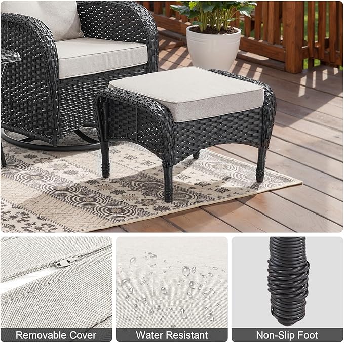 Belord Outdoor Ottomans for Patio Foot Rest - 25 Inch PE Wicker Foot Stool Set of 2 with Removable Cushions for Patio Furniture Sets,All Weather Rattan Ottoman for Balcony Deck Backyard Black