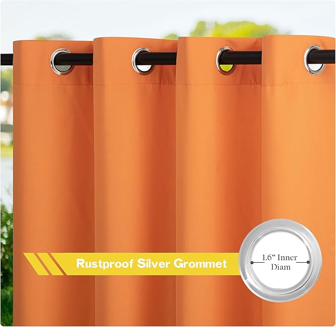 NICETOWN Canvas Outdoor Curtains 2 Panels = 110" Wide by 95" L for Patio Waterproof, Waterproof & Windproof Rustproof Top and Botom Grommet Outdoor Curtains/Drapes for Porch/Cabana, Orange