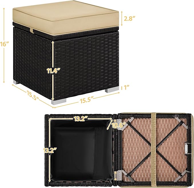 Yaheetech Wicker Ottomans, Set of 2 Patio PE Rattan Side Tables with Hidden Storage & Removable Cushion, Outdoor/Indoor Footstools, Additional Seating for Garden/Balcony/Yard, Brown/Khaki