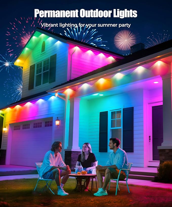 POOFZY Permanent Outdoor Lights for House,200ft RGB+IC Smart Outdoor Decor, 50 Scene Modes,App/Remote Control,for Christmas,Super Bowl,V-Day,Thanksgiving,Daily & Holiday Party Decor