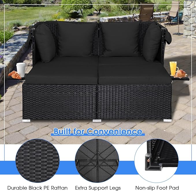 RELAX4LIFE Patio Outdoor Daybed with Canopy, Wicker Sunbed w/Cushions, 4 Pillows & 2 Retractable Side Trays, 2-Person Lounge Bed Conversation for Poolside Porch Garden, Rattan Outdoor Bed (Black)