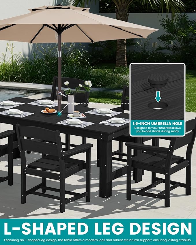 SERWALL Outdoor Dining Table Set, 67‘’ HDPE Patio Dining Set for 6, Wood-Like All-Weather Outdoor Table and Chairs Set for Lawn, Black