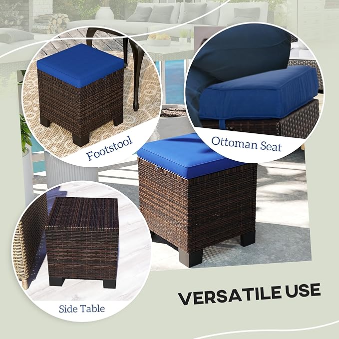 Outsunny 2 Pieces Outdoor Patio Ottomans, All Weather Wicker Outdoor Footstools with Removable Cushions, 3-in-1 PE Rattan Ottoman Seat, Footrest and Side Table for Backyard, Poolside, Dark Blue