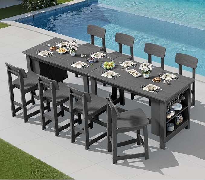 SERWALL Outdoor Bar Table and Chairs Set, 5-Piece HDPE Counter Height Patio Dining Sets with Storage and Wine Rack, Rectangular High Top Bar Table with 4 Bar Stools for Garden, Backyard, Gray