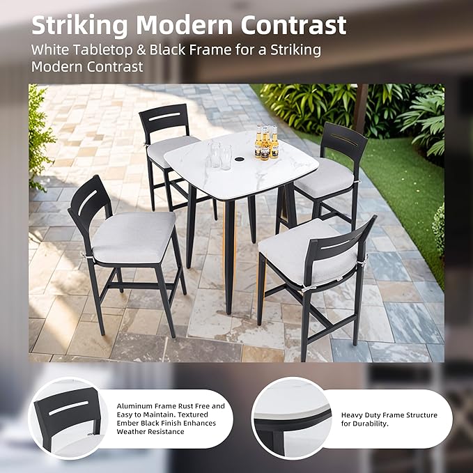 Modern 35.4'' Rounded Square Outdoor Bar Table, Greek White Marble-Inspired Sintered Stone Top, Umbrella Hole, Rust-Free Aluminum Frame, Ember Black, Weatherproof Table for Garden, Poolside