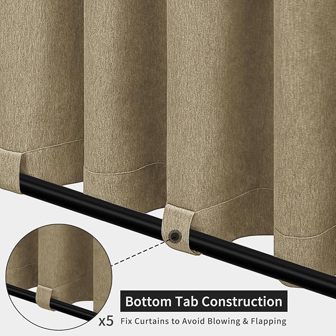 Easy-Going Linen Look Outdoor Curtains Waterproof Windproof Porch Curtains, Soft Thicken Outdoor Privacy Curtains for Patio, Gazebo, Grommet Top and Tab Bottom Drape, 1 Panel, 110x120 inch, Khaki