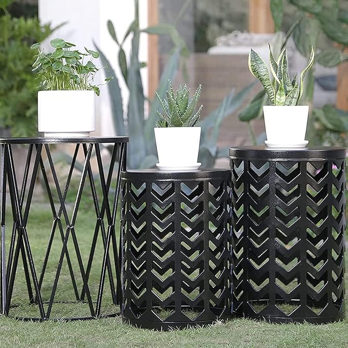 Nesting Round Metal Indoor Coffee End Tables, Set of 3 Modern Farmhouse Nightstands Decor Sofa Side Tables Plant Stand for Living Room Balcony Home Garden Stool Patio Outdoor- Black