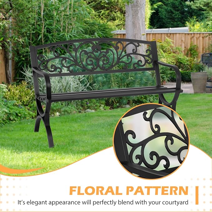 PayLessHere Black Outdoor Metal Loveseat Chairs Patio Garden Bench 50-inch Slatted Seat Armrests Floral Design Plastics Backres Perfect for Park, Yard, Porch, Lawn, Balcony, Backyard
