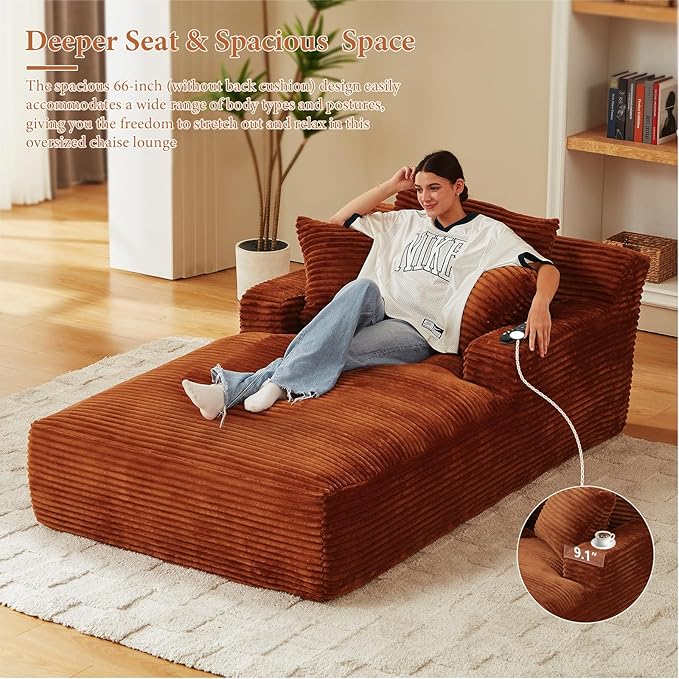 78.7" Chaise Lounge Chair Indoor, Oversized Boneless Couch Comfy Upholstered Sleeper Sofa Bed with 3 Pillows, Corduroy Cloud Reading Chair for Living Room No Assembly Required, Orange