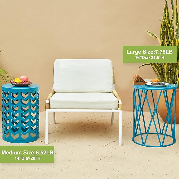 Nesting Side Table Set of 3 Decorative Round Garden Stools for Indoor Outdoor Heavy Duty Metal Frame Side Table Nightstands Modern End Table Plant Stand, Blue