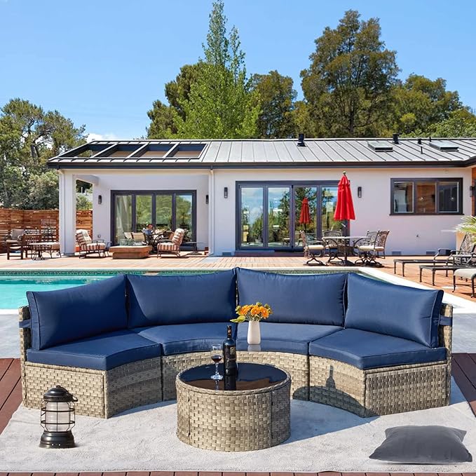 ECOTOUGE 9 Piece Outdoor Patio Half Moon Furniture, Patio Sectional Conversation Sofa Set with 30 Inch Propane Firepit Table Set for for Porch, Backyard and Garden (Blue)