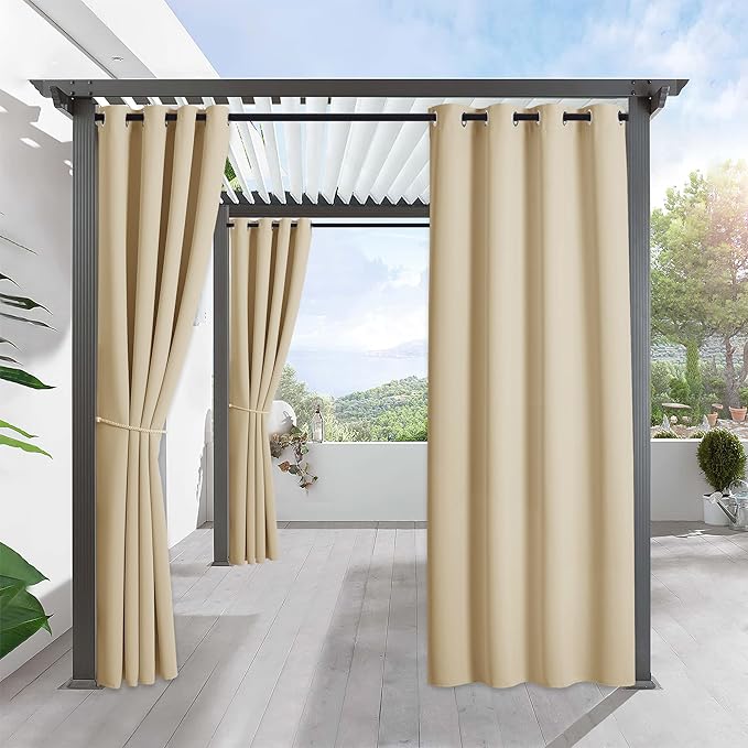 RYB HOME Outdoor Curtains for Patio Waterproof Block Sunlight Thermal Insulated Privacy Assured Thick Outside Curtains for Porch, Gazebo, Pergola, W52 x L95, Biscotti Beige, 1 Panel
