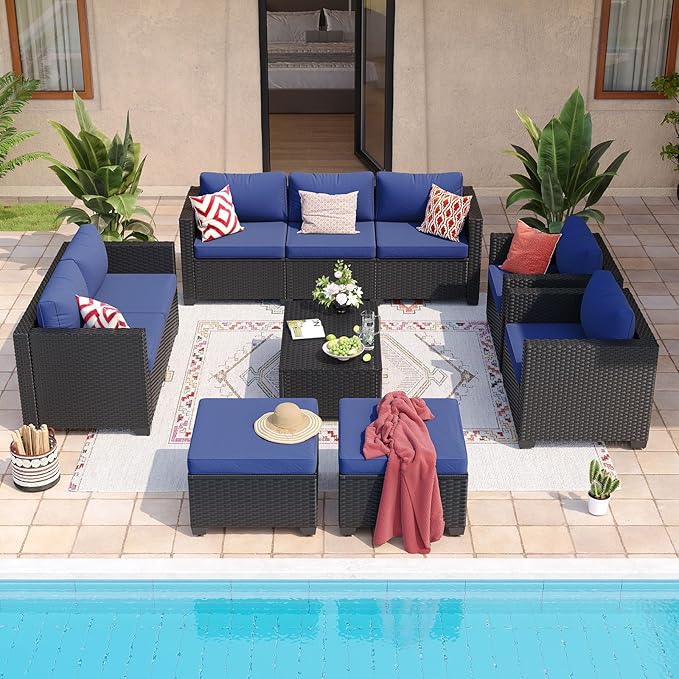 Aoxun 9 Piece Outdoor Patio Furniture Set 8 Seats, Outdoor Sectional with Thick Waterproof Cushions & Storage Coffee Table, Patio Conversation Sets for Garden,Backyard, Porch, Balcony, Deck, Blue