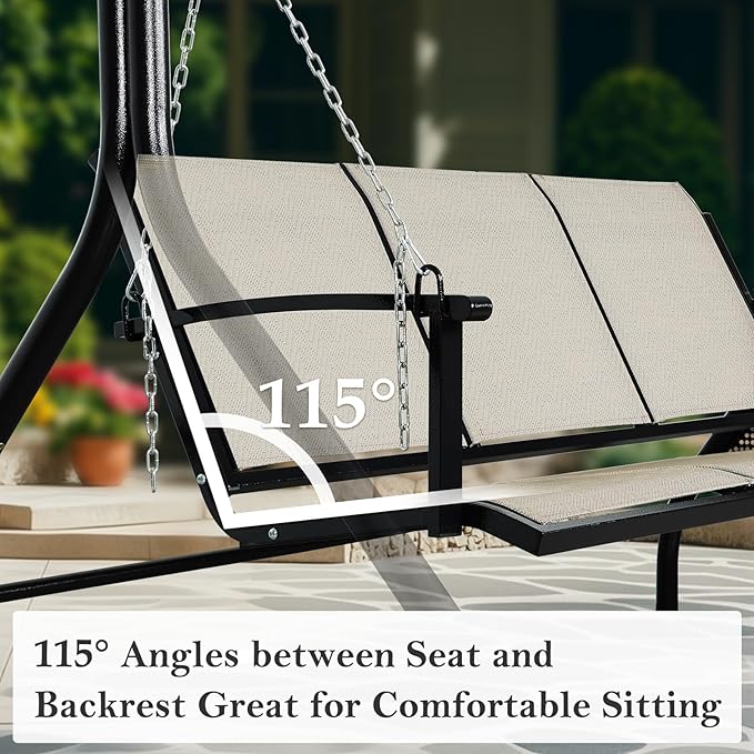 Textilene 3 Seat Hanging Swing, 5.2FT Patio Bench Swing, 660lbs Heavy Duty Outdoor Porch Swing with Hanging Chains for Courtyard, Garden, Tree, Yard