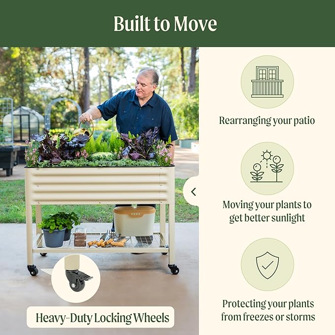 Rolling Elevated Raised Garden Bed-V Series, 2' x 8' Garden Beds with Legs & Storage Rack for Patio & Porch, 1400 Lbs Weight Capacity, Outdoor Planter Box for Vegetables Flower Herbs, Pearl White