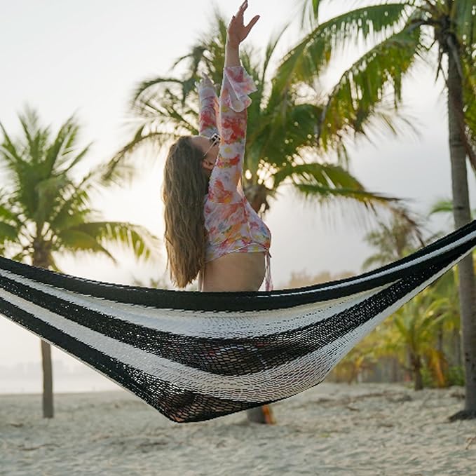 Lazy Daze Hammocks Handwoven Mayan Hammock, 10.5 FT Soft Rope Double Hammocks, Portable Outdoor Hammock with Carry Bag, 2 Straps & Carabiners for Patio Outside, 550 lbs Weight Capacity, Black/White
