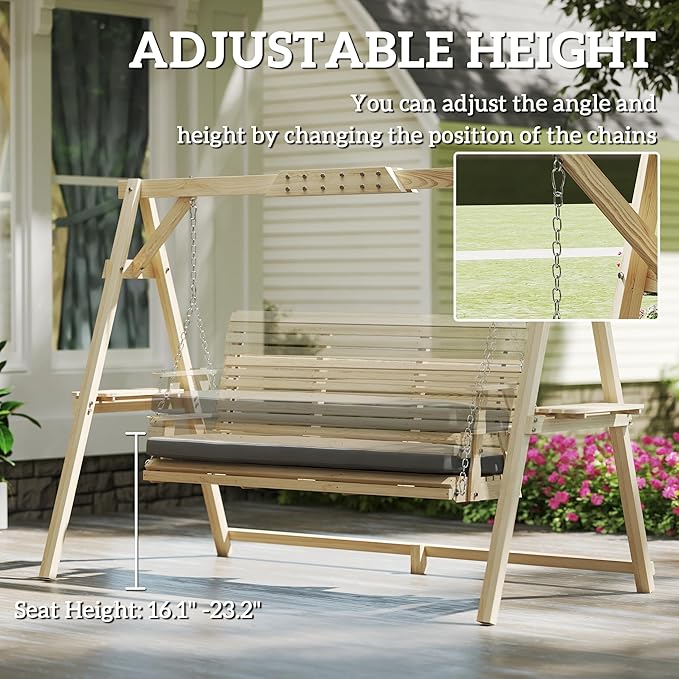 Outsunny 3 Seat Porch Swing with Stand, Wooden Patio Swing Chair with Cushion, Side Trays and Metal Chains, Outdoor Bench for Garden, Poolside, Backyard, Natural Wood