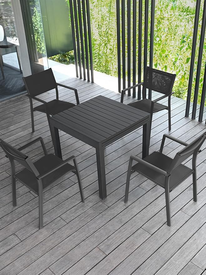 5 Pieces Outdoor Dining Set, Never-Rust Aluminum Expandable Patio Dining Table Set, 32"-65" Extendable Dining Table and Stackable Textilene Dining Chairs for Backyard, Deck, Indoor, Black
