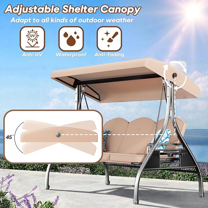 3 Seat Outdoor Porch Patio Swing with Stand 800lbs 2-in-1 Convertible Swing Bed with Adjustable Canopy & Removable Cushion for Yard Garden Deck (Khaki, Square Tube)