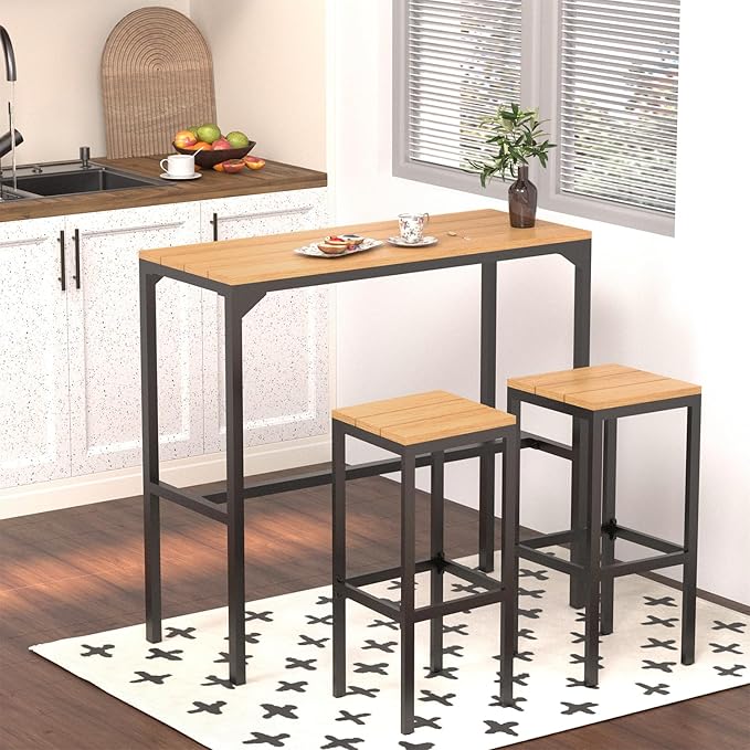 AECOJOY 3-Piece Outdoor Bar Set, Patio Bar Height Table and Chairs Set 47" Rectangular Pub Height Bar Table with 2 Bar Stools Patio Pub Bar Set for Balcony, Porch