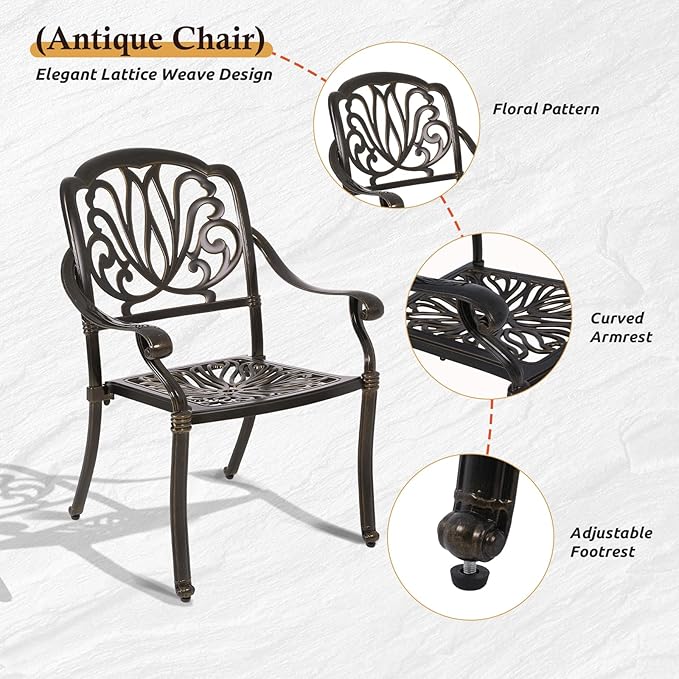 Cast Aluminum Outdoor Patio Dining Set, All Weather Outdoor Furniture Dining Set for Patio, Balcony, Lawn, Garden, Backyard (1 Square Table+ 4 Dining Chairs)