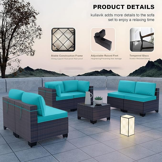 Kullavik 7 Pieces Outdoor Patio Furniture Set,Sectional Rattan Sofa Set Brown PE Rattan Wicker Patio Conversation Set with Tempered Glass Coffee Table and Washable Cushions Covers,Turquoise Blue