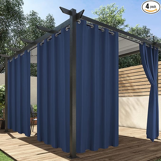 HolidayIdeas Outdoor Curtains for Patio Waterproof, 4 Panels - 54 x 95 Inch - Privacy Protection & Light Filtering Curtains Navy Grommet Outside Curtains for Porch, Gazebo, Pergola, Backyard