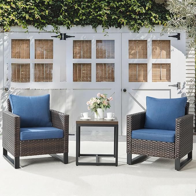 Belord Outdoor Bistro Set 3 Piece Outdoor Wicker Patio Chairs, Oversize Outdoor Rattan Seating Set, All-Weather Chairs Wicker Furniture with Metal Side Table and Removable Cushion for Outside