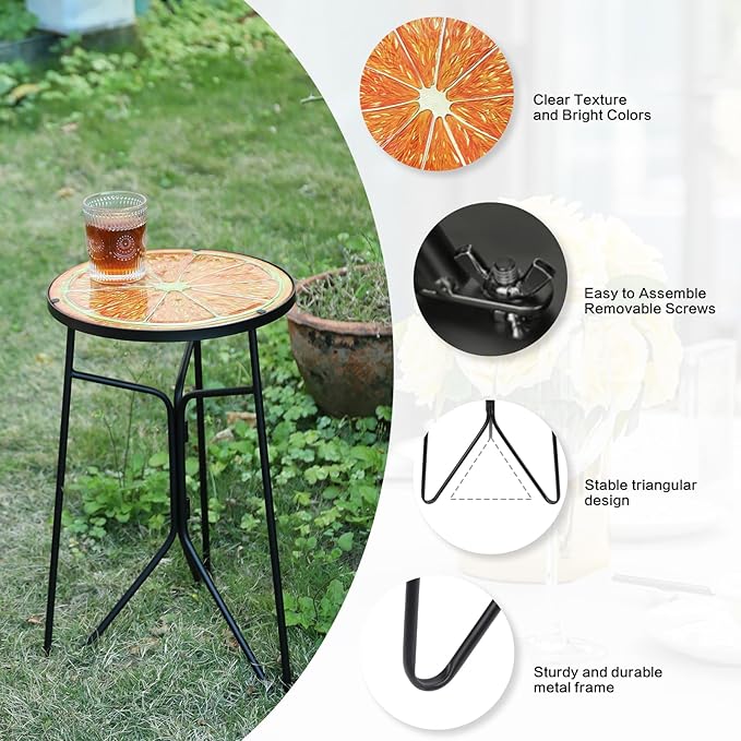 VCUTEKA Patio Side Table Outdoor Accent Table Bistro Coffee Tables Plant End Small Porch Tables Indoor Round Glass Balcony Plant Stands Orange 12''