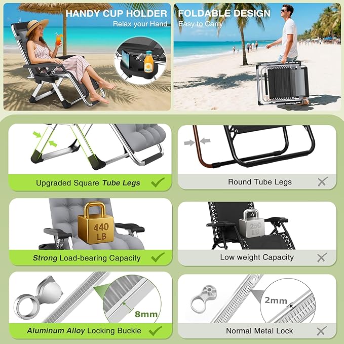 Suteck Zero Gravity Chair, Reclining Camping Lounge Chair w/Removable Cushion, Upgraded Lock and Cup Holder, Reclining Patio Chairs Folding Recliner for Indoor and Outdoor
