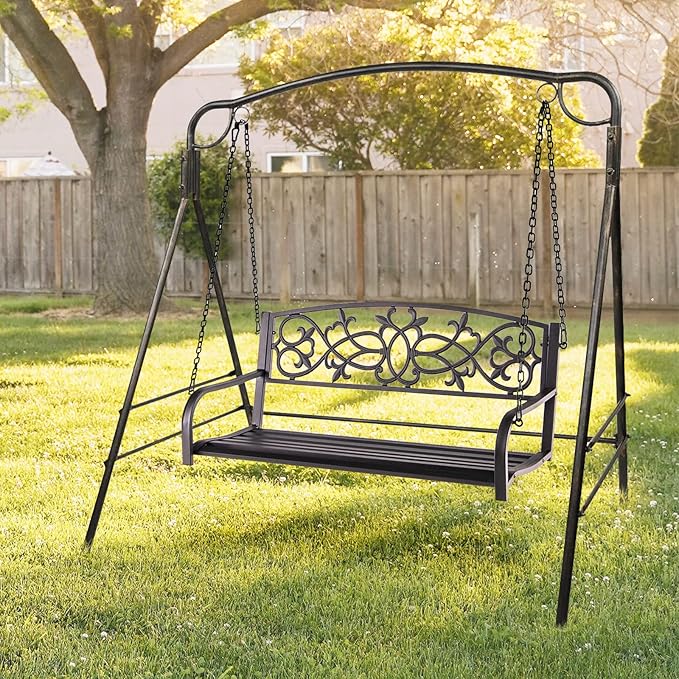 Giantex Patio Metal Porch Swing, 2-Person Hanging Porch Swing Bench with Sturdy Chains & Retro Pattern Backrest, 485 Lbs Weight Capacity Loveseat for Garden, Yard, Front, Outdoor Swing Chairs (Brown)