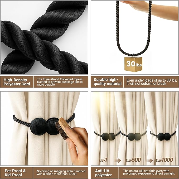 Hion Magnetic Curtain Tiebacks Black 6 Pack, Curtain Tiebacks Buckles Holdbacks Holders Hooks Clip for Home Bedroom Office Decorative Thick or Thin Curtain