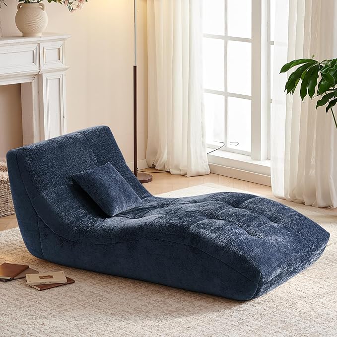 Chaise Lounge Chair with Curved Back, Modern Upholstered Recliner Sofa, Tufted Accent Lounger Comfortable Lazy Chair for Bedroom, Apartment (Blue)