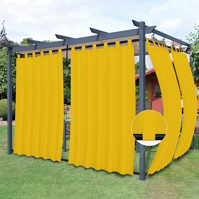 Easy-Going Outdoor Patio Curtains Detachable Tab Top Windproof Weatherproof Curtain for Cabana, Porch, Pergola and Gazebo, Tab Bottom Drape, 2 Panels, 54W x 120L inch, Yellow