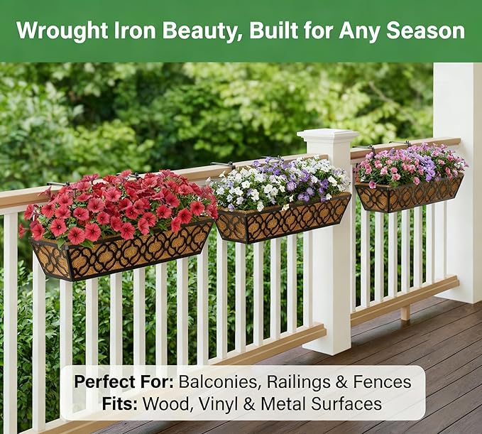 Y&M 24-Inch Window Planter Box 2Pcs Iron Deck Railing With Coco Liner, Metal Horse Troughs for Outdoor Balcony Rail Fence Porch Patio
