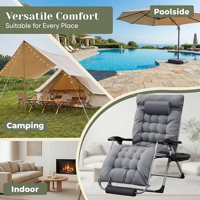 Homall Oversized Zero Gravity Chair, Set of 2 Recliner Lounge Chair with Removable Soft Cushion and Cup Holder, Adjustable Anti Gravity Chair Folding Patio Chairs Padded for Indoor and Outdoor (Gray)
