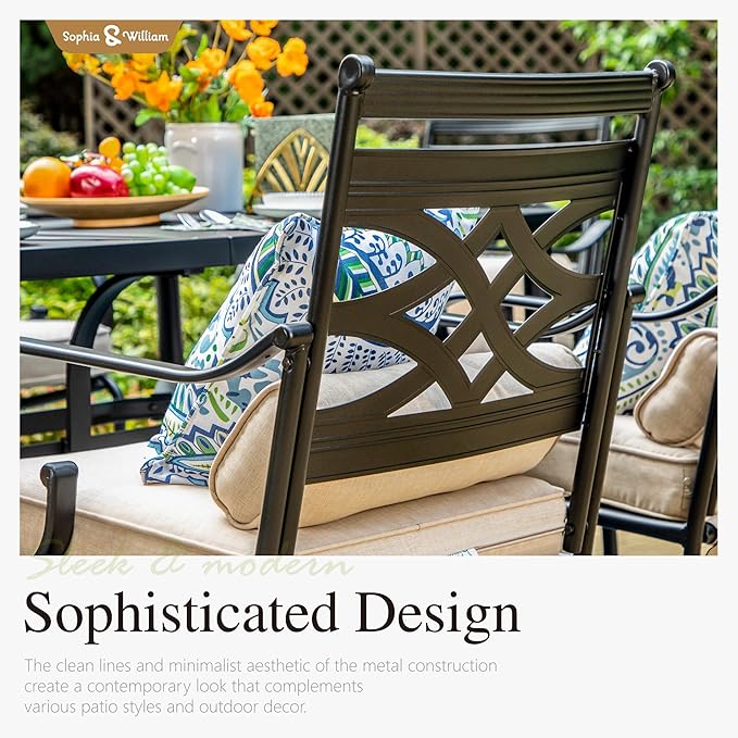 Sophia & William Outdoor Patio Dining Set for 6 | Outdoor Table and Chairs | Removable Seat Cushions | 4 Fixed Chairs | 2 Swivel Patio Dining Chairs | 64" Metal Tabletop with Wood Texture
