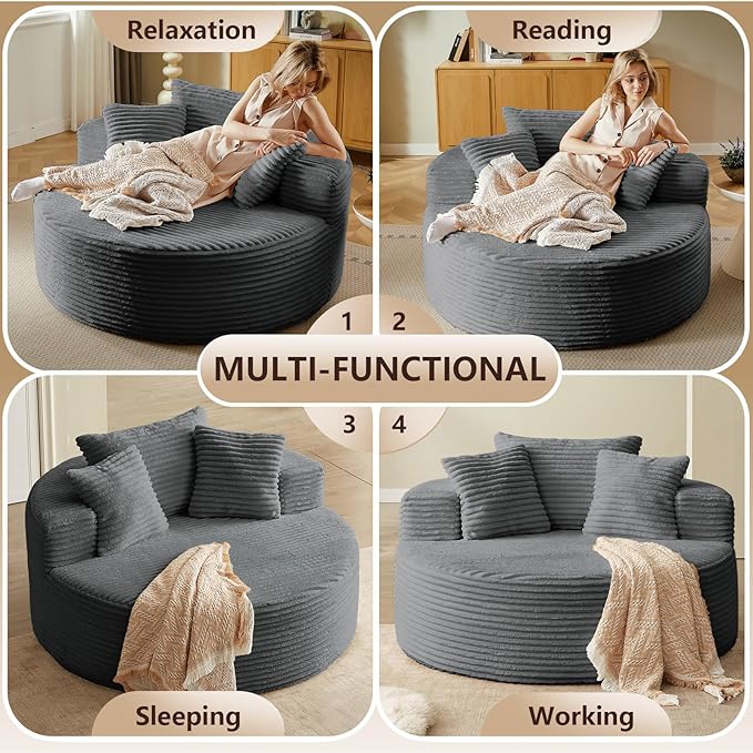 Oversized Round Chair Lounge Chaise Indoor, Upholstered Corduroy Deep Seat Cloud Large Circle Sofa Chair, No Assembly Required, Fluffy Modern Sleeper Sofa Bed for Reading, Living Room, Bedroom, Gray