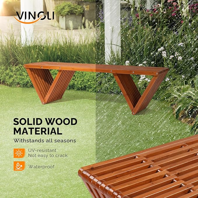 VINGLI Outdoor Wooden Bench, 63" All Weather Patio Bench Porch Bench, 600lb Capacity Outdoor Backless Benches for Yard Park Garden