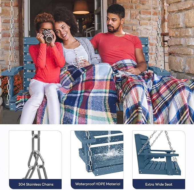 KINGYES Outdoor Hanging Porch Swing Set of 4, 2 Seat Patio Chair With Cup Holders, Waterproof Bench for Courtyard & Garden, 660LBS Weight Capacity, Blue