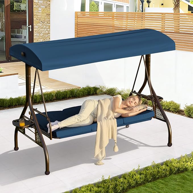 3-in-1 Convertible Outdoor Swing for Adults, Outdoor Porch Swing with Stand 800lb Bearing Capacity, 3-Seat Outdoor Swing with Canopy Adjustable, Thickened Cushions (Round, Blue)