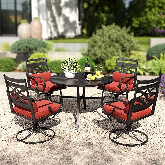 PHI VILLA 5 Pieces Outdoor Dining Set for 4, 42" Round Black Metal Table with Umbrella Hole & Wrought Iron Swivel Chairs, Large Outside Furniture with Red Cushions & Pillows for Patio, Deck, Porch