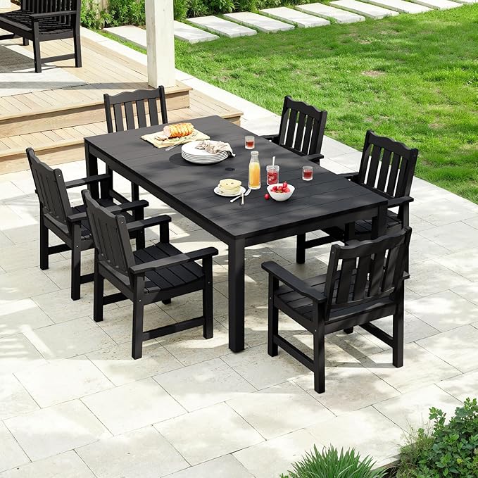 Stoog All-Weather Patio Dining Table for 6, 63" Waterproof HIPS Material Dining Table with Umbrella Hole, Never Rot or Fade, Black