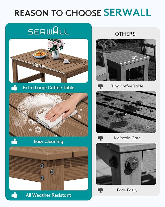 SERWALL Outdoor Coffee Table with 1.69" Umbrella Hole, HDPE Patio Coffee Table for Outside, Rectangle, Brown